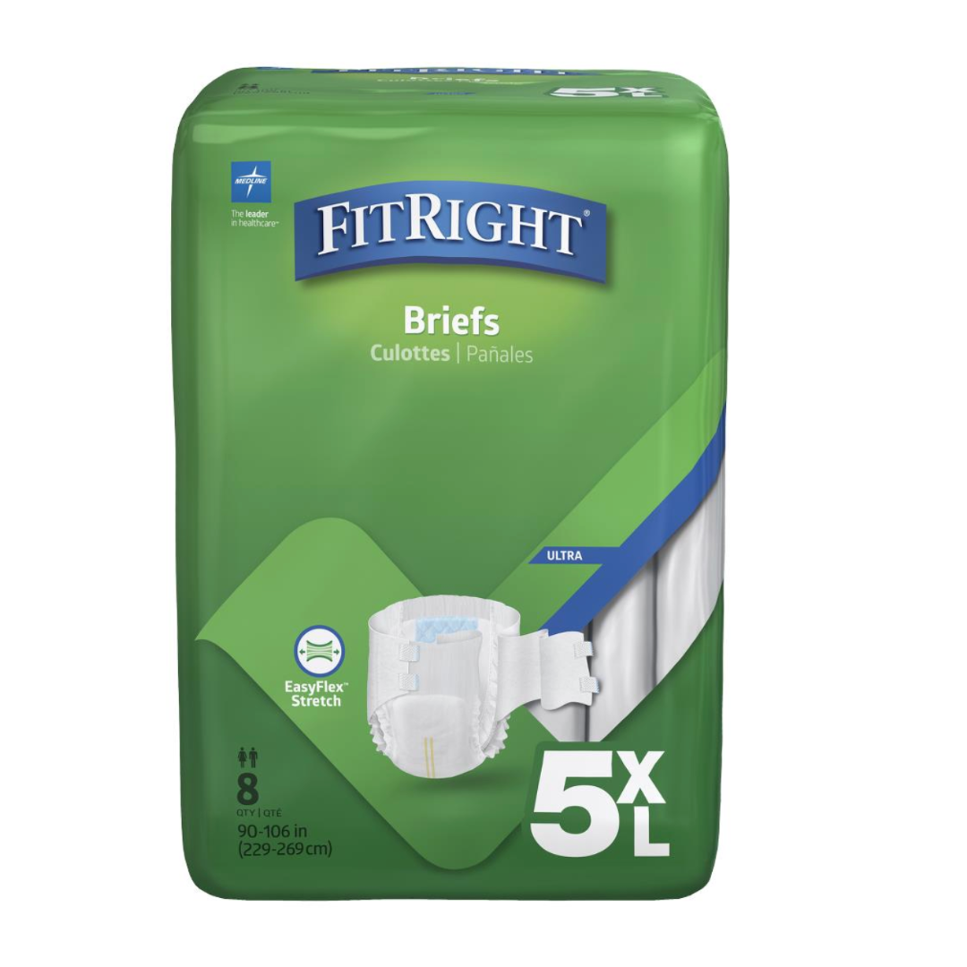 The FitRight 5XL Unisex Cloth-Like Adult Briefs with overnight absorbency fit sizes 90-106 inches (229-269 cm). The green package features a blue logo and includes 8 white briefs with an absorbent core and EasyFlex stretch.
